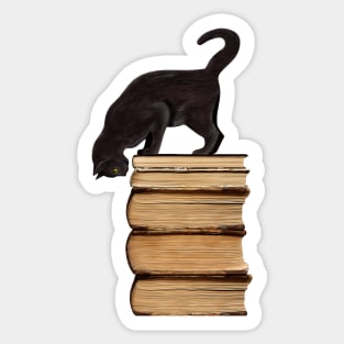 Curious Black Cat on Old Books for Literary Cat Lovers Sticker